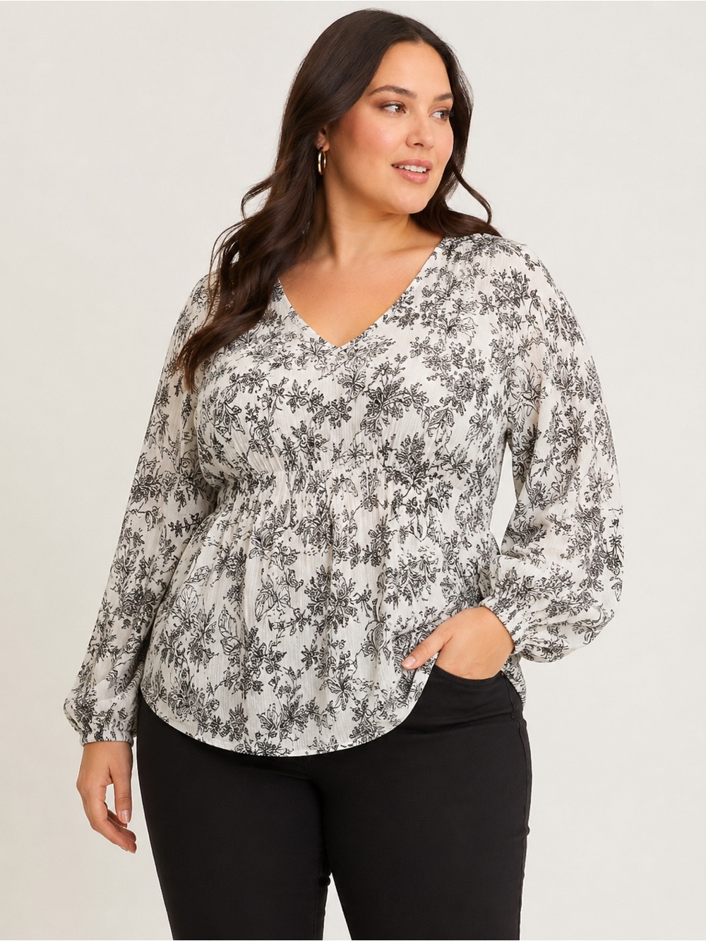 Penningtons Blouse Women Size 1X Black Toile Floral Peasant Boho Top Long Sleeve